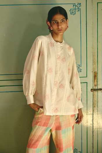 Shop_Shop Nirvanaa_Ivory Chanderi, Linen Mandarin Collar Nina Print Top And Salwar Set _Online_at_Aza_Fashions