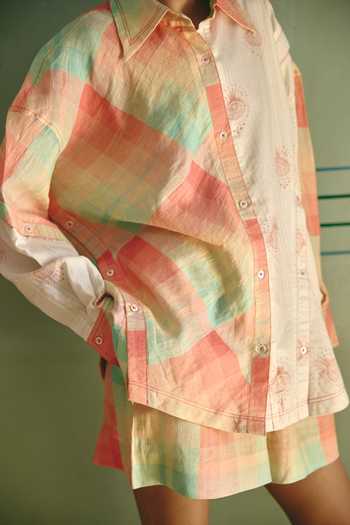 Shop Nirvanaa_Ivory Chanderi, Linen Collared Neck Kelly Bias Panelled Shirt _Online_at_Aza_Fashions