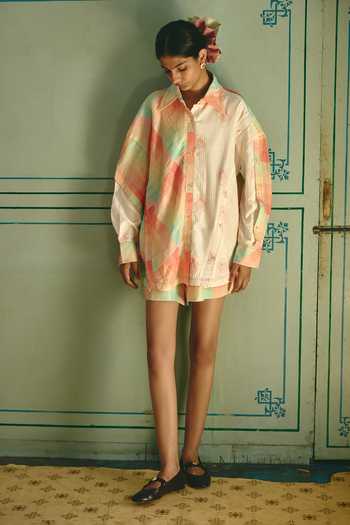 Buy_Shop Nirvanaa_Ivory Chanderi, Linen Collared Neck Kelly Bias Panelled Shirt _Online_at_Aza_Fashions