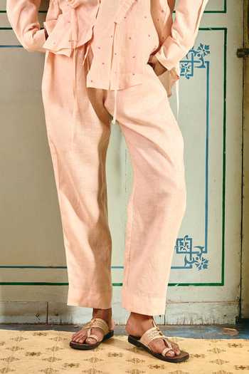 Shop Nirvanaa_Peach Linen Collared , Button-down Kora String Shirt And Pant Set _Online_at_Aza_Fashions