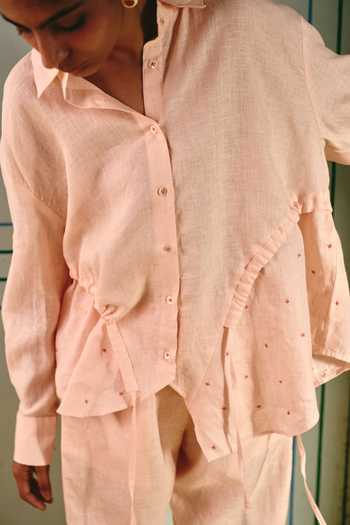 Shop_Shop Nirvanaa_Peach Linen Collared , Button-down Kora String Shirt And Pant Set _Online_at_Aza_Fashions