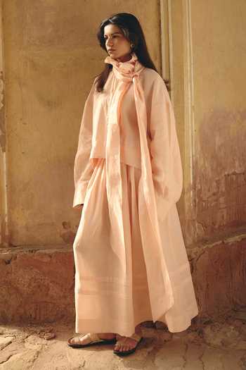 Shop Shop Nirvanaa Peach Linen High Neck Rumi Tie Up Shirt With Skirt Online at Aza Fashions Shop_Shop Nirvanaa_Peach Linen High Neck Rumi Tie Up Shirt With Skirt _Online_at_Aza_Fashions