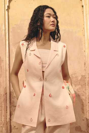 Shop Nirvanaa_Peach Linen Collared Neck Torie Eda Embroidered Top And Pant Set _Online_at_Aza_Fashions