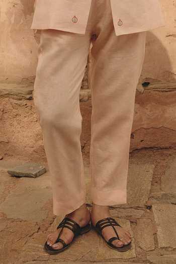 Buy_Shop Nirvanaa_Peach Linen Collared Neck Torie Eda Embroidered Top And Pant Set _Online_at_Aza_Fashions