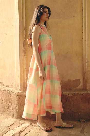 Shop Nirvanaa Multi Color Linen Halter Neck Zoe Tie Up Long Dress Online at Aza Fashions Shop Nirvanaa_Multi Color Linen Halter Neck Zoe Tie Up Long Dress _Online_at_Aza_Fashions
