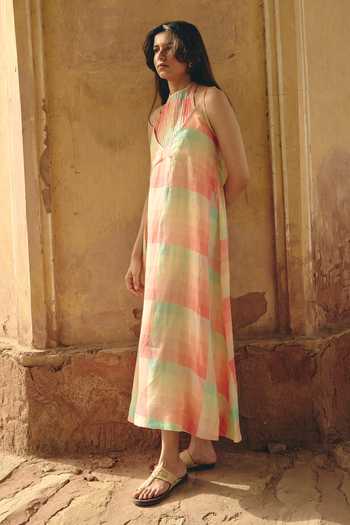 Buy Shop Nirvanaa Multi Color Linen Halter Neck Zoe Tie Up Long Dress Online at Aza Fashions Buy_Shop Nirvanaa_Multi Color Linen Halter Neck Zoe Tie Up Long Dress _Online_at_Aza_Fashions