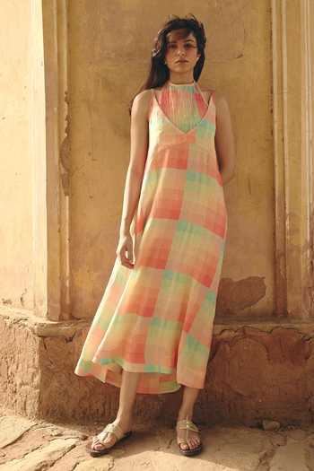 Shop Shop Nirvanaa Multi Color Linen Halter Neck Zoe Tie Up Long Dress Online at Aza Fashions Shop_Shop Nirvanaa_Multi Color Linen Halter Neck Zoe Tie Up Long Dress _Online_at_Aza_Fashions
