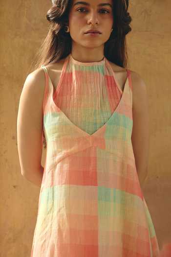 Shop Nirvanaa Multi Color Linen Halter Neck Zoe Tie Up Long Dress at Aza Fashions Shop Nirvanaa_Multi Color Linen Halter Neck Zoe Tie Up Long Dress _at_Aza_Fashions