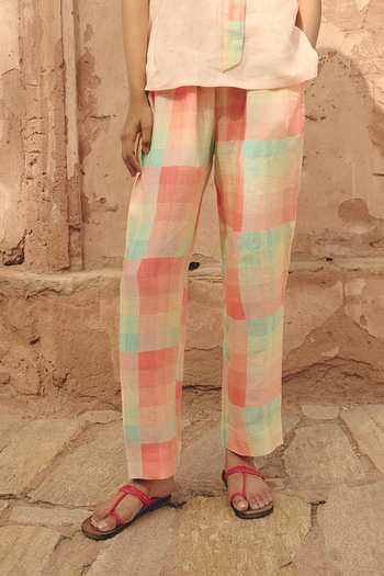 Buy Shop Nirvanaa Peach Linen V-neck Nia Eda Tie Up Top And Pant Set Online at Aza Fashions Buy_Shop Nirvanaa_Peach Linen V-neck Nia Eda Tie Up Top And Pant Set _Online_at_Aza_Fashions