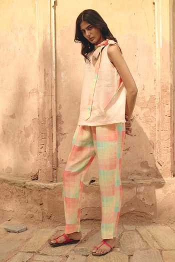Shop Shop Nirvanaa Peach Linen V-neck Nia Eda Tie Up Top And Pant Set Online at Aza Fashions Shop_Shop Nirvanaa_Peach Linen V-neck Nia Eda Tie Up Top And Pant Set _Online_at_Aza_Fashions