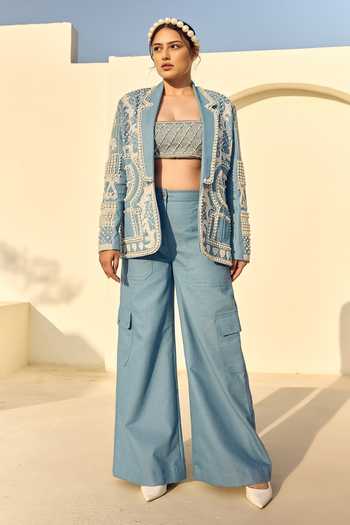 Buy ASHNA VASWANI Blue Denim Open , Bandeau Pearl Embellished Jacket Pant Set Online at Aza Fashions Buy_ASHNA VASWANI_Blue Denim Open , Bandeau Pearl Embellished Jacket Pant Set _Online_at_Aza_Fashions