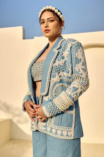 Shop ASHNA VASWANI Blue Denim Open , Bandeau Pearl Embellished Jacket Pant Set Online at Aza Fashions Shop_ASHNA VASWANI_Blue Denim Open , Bandeau Pearl Embellished Jacket Pant Set _Online_at_Aza_Fashions