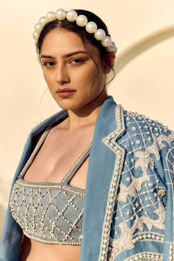 Buy ASHNA VASWANI Blue Denim Open , Bandeau Pearl Embellished Jacket Pant Set Buy_ASHNA VASWANI_Blue Denim Open , Bandeau Pearl Embellished Jacket Pant Set