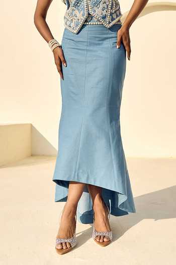 Shop ASHNA VASWANI Blue Denim V-neck Pearl Embellished Waistcoat With Skirt Online at Aza Fashions Shop_ASHNA VASWANI_Blue Denim V-neck Pearl Embellished Waistcoat With Skirt _Online_at_Aza_Fashions