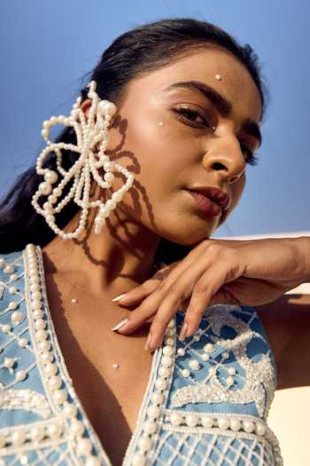 ASHNA VASWANI Blue Denim V-neck Pearl Embellished Waistcoat With Skirt at Aza Fashions ASHNA VASWANI_Blue Denim V-neck Pearl Embellished Waistcoat With Skirt _at_Aza_Fashions
