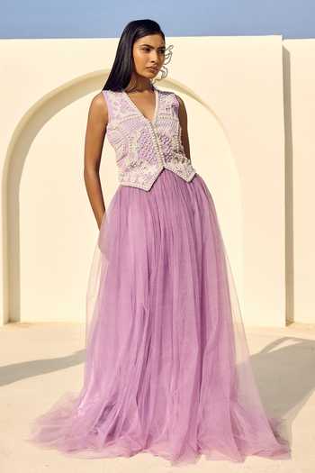 Buy ASHNA VASWANI Purple Crepe, Net V-neck Abstract Pearl Embellished Waistcoat With Skirt Online at Aza Fashions Buy_ASHNA VASWANI_Purple Crepe, Net V-neck Abstract Pearl Embellished Waistcoat With Skirt _Online_at_Aza_Fashions