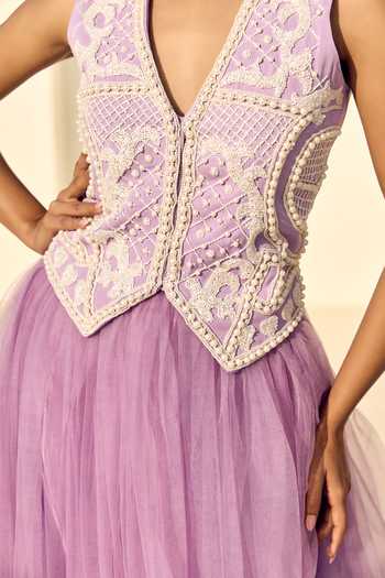 Shop ASHNA VASWANI Purple Crepe, Net V-neck Abstract Pearl Embellished Waistcoat With Skirt Online at Aza Fashions Shop_ASHNA VASWANI_Purple Crepe, Net V-neck Abstract Pearl Embellished Waistcoat With Skirt _Online_at_Aza_Fashions