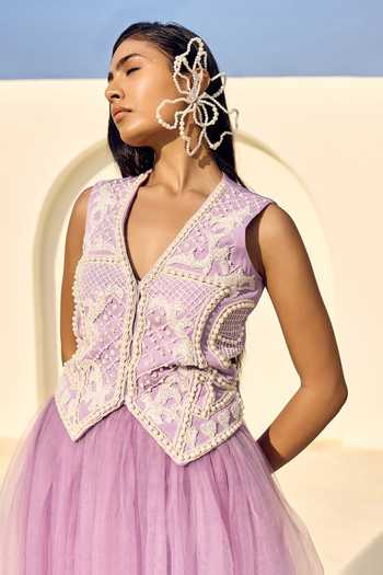 ASHNA VASWANI Purple Crepe, Net V-neck Abstract Pearl Embellished Waistcoat With Skirt at Aza Fashions ASHNA VASWANI_Purple Crepe, Net V-neck Abstract Pearl Embellished Waistcoat With Skirt _at_Aza_Fashions
