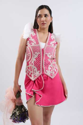 Shop ASHNA VASWANI Pink Crepe V-neck Embellished Waistcoat With Short Skirt Online at Aza Fashions Shop_ASHNA VASWANI_Pink Crepe V-neck Embellished Waistcoat With Short Skirt _Online_at_Aza_Fashions