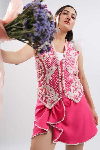ASHNA VASWANI Pink Crepe V-neck Embellished Waistcoat With Short Skirt at Aza Fashions ASHNA VASWANI_Pink Crepe V-neck Embellished Waistcoat With Short Skirt _at_Aza_Fashions