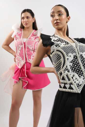 Shop ASHNA VASWANI Pink Crepe V-neck Embellished Waistcoat With Short Skirt Shop_ASHNA VASWANI_Pink Crepe V-neck Embellished Waistcoat With Short Skirt