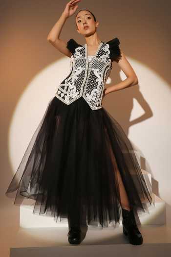 ASHNA VASWANI Pearl Embellished Waistcoat With Net Skirt 