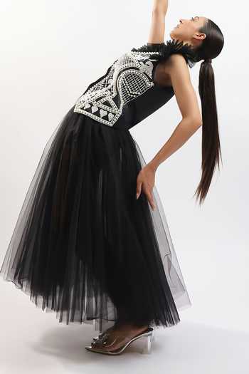 Buy ASHNA VASWANI Black Crepe, Net V-neck Pearl Embellished Waistcoat With Skirt Buy_ASHNA VASWANI_Black Crepe, Net V-neck Pearl Embellished Waistcoat With Skirt