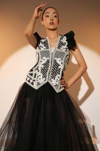 Shop ASHNA VASWANI Black Crepe, Net V-neck Pearl Embellished Waistcoat With Skirt Shop_ASHNA VASWANI_Black Crepe, Net V-neck Pearl Embellished Waistcoat With Skirt