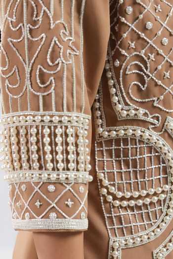 ASHNA VASWANI Brown Crepe Shawl Neck Pearl Embellished Dress at Aza Fashions ASHNA VASWANI_Brown Crepe Shawl Neck Pearl Embellished Dress _at_Aza_Fashions
