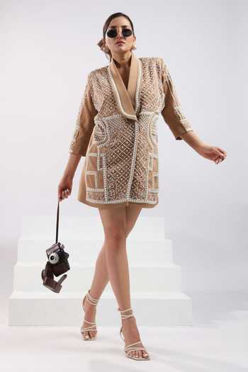 Buy ASHNA VASWANI Brown Crepe Shawl Neck Pearl Embellished Dress Buy_ASHNA VASWANI_Brown Crepe Shawl Neck Pearl Embellished Dress