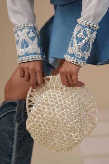 ASHNA VASWANI Blue Denim Embellished Cuff Online at Aza Fashions ASHNA VASWANI_Blue Denim Embellished Cuff _Online_at_Aza_Fashions