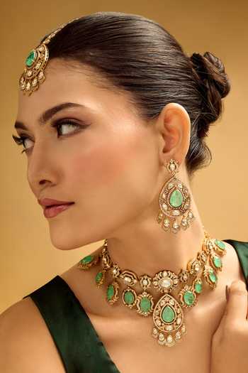 Shop Nazaakat By Samara Singh Aqua Stones, Rhinestones Embellished Necklace Set Shop_Nazaakat By Samara Singh_Aqua Stones, Rhinestones Embellished Necklace Set