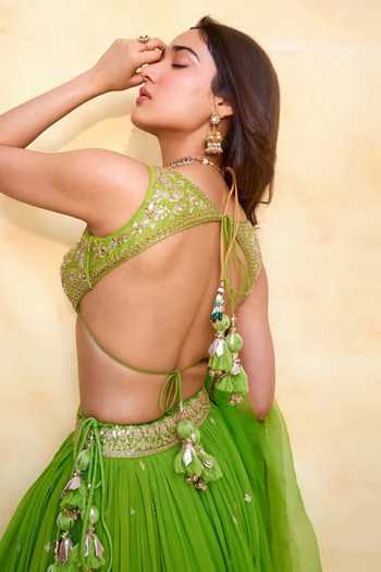 Shop Gopi Vaid Green Tussar, Georgette, Organza Sweetheart Neck Senedra Embroidered Lehenga Set at Aza Fashions Shop_Gopi Vaid_Green Tussar, Georgette, Organza Sweetheart Neck Senedra Embroidered Lehenga Set _at_Aza_Fashions