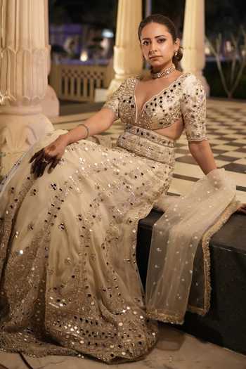 Gopi Vaid Ivory Tussar, Satin, Linen, Net Mirrors, Sequins Aasmi Embroidered Anarkali Set at Aza Fashions Gopi Vaid_Ivory Tussar, Satin, Linen, Net Mirrors, Sequins Aasmi Embroidered Anarkali Set _at_Aza_Fashions