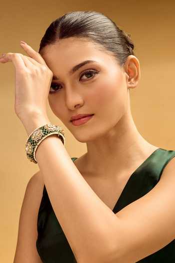 Buy_Nazaakat By Samara Singh_Green Rhinestones And Gold Embellished Bangle _Online_at_Aza_Fashions