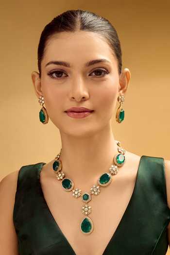 Buy_Nazaakat By Samara Singh_Green Stones Dark Brass Jewellery Set 