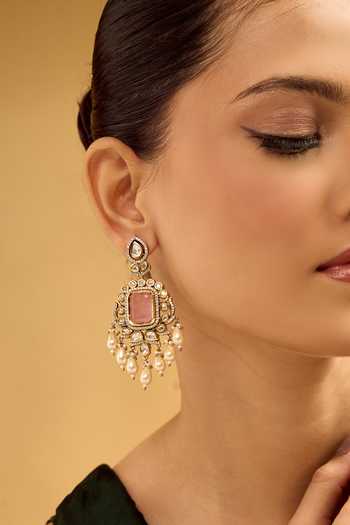 Shop_Nazaakat By Samara Singh_Pink Pearls, Stones And Gold Dangler Earrings _Online_at_Aza_Fashions