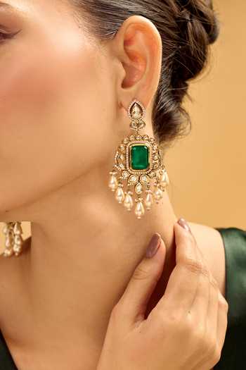 Nazaakat By Samara Singh Green Stones, Pearls Emerald And Gold Dangler Earrings at Aza Fashions Nazaakat By Samara Singh_Green Stones, Pearls Emerald And Gold Dangler Earrings _at_Aza_Fashions