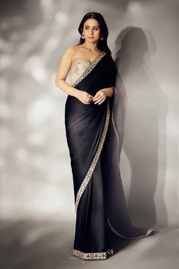 Buy Gopi Vaid Black Georgette Sweetheart Neck Border Embellished Saree With Blouse at Aza Fashions Buy_Gopi Vaid_Black Georgette Sweetheart Neck Border Embellished Saree With Blouse _at_Aza_Fashions