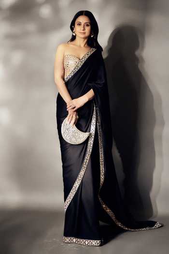 Shop Gopi Vaid Black Georgette Sweetheart Neck Border Embellished Saree With Blouse at Aza Fashions Shop_Gopi Vaid_Black Georgette Sweetheart Neck Border Embellished Saree With Blouse _at_Aza_Fashions