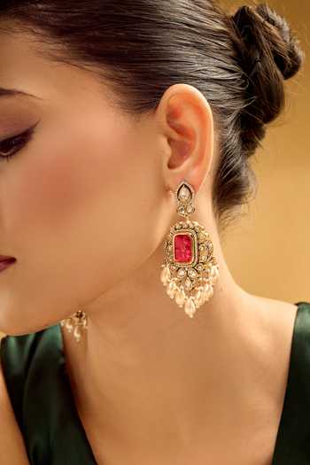 Nazaakat By Samara Singh_Red Stones, Pearls And Gold Dangler Earrings _at_Aza_Fashions