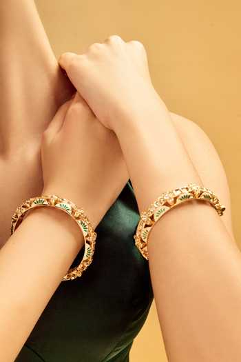 Nazaakat By Samara Singh_Cream Rhinestones And Green Decorative Bangle Set _at_Aza_Fashions