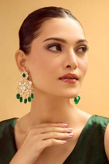 Shop_Nazaakat By Samara Singh_White And Green Dangler Earrings _Online_at_Aza_Fashions