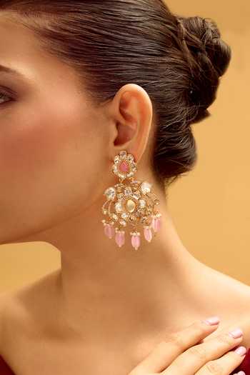 Nazaakat By Samara Singh White Crystals, Beads Floral Design Dangler Earrings at Aza Fashions Nazaakat By Samara Singh_White Crystals, Beads Floral Design Dangler Earrings _at_Aza_Fashions