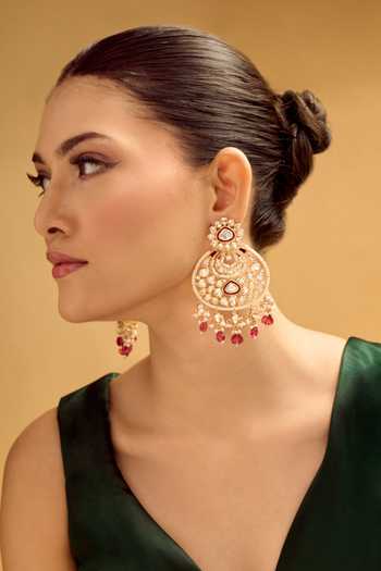Buy Nazaakat By Samara Singh Gold Plated Stones, Beads And Red Dangler Earrings at Aza Fashions Buy_Nazaakat By Samara Singh_Gold Plated Stones, Beads And Red Dangler Earrings _at_Aza_Fashions