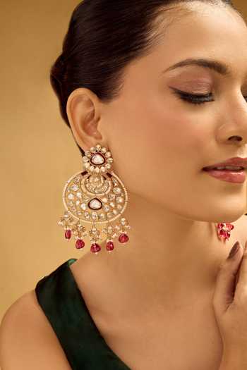 Nazaakat By Samara Singh Gold Plated Stones, Beads And Red Dangler Earrings at Aza Fashions Nazaakat By Samara Singh_Gold Plated Stones, Beads And Red Dangler Earrings _at_Aza_Fashions