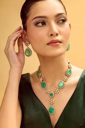 Buy_Nazaakat By Samara Singh_Aqua Stones Brass Necklace And Earring Set 