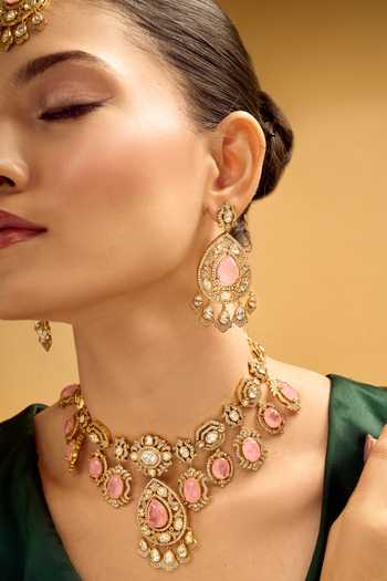 Shop_Nazaakat By Samara Singh_Pink Stones, Pearls Brass Necklace Earring Maangtika Set 