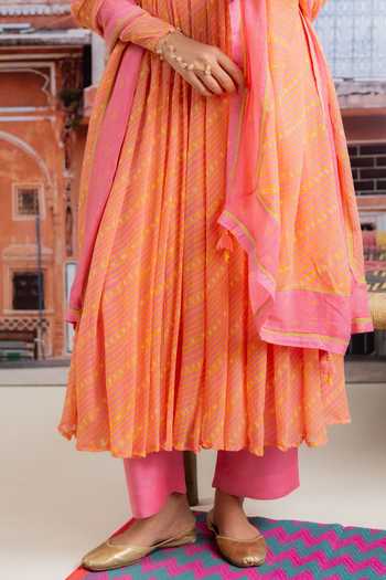 Shop BAISE GABA Pink Chiffon, Muslin Crew Neck, Roopsa Embellished Koti Jacket And Anarkali Set Shop_BAISE GABA_Pink Chiffon, Muslin Crew Neck, Roopsa Embellished Koti Jacket And Anarkali Set