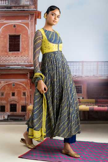 Shop BAISE GABA Blue Chiffon, Muslin Crew Neck, Saanjh Embellished Koti Jacket And Anarkali Set Online at Aza Fashions Shop_BAISE GABA_Blue Chiffon, Muslin Crew Neck, Saanjh Embellished Koti Jacket And Anarkali Set _Online_at_Aza_Fashions